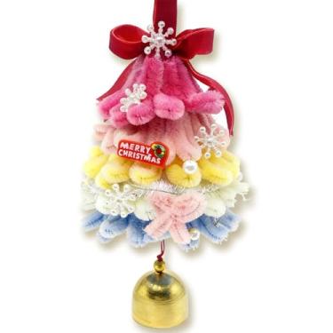 Imagem de CUTENNIOU Árvore de Natal pequena com sino dourado, limpadores de cachimbo coloridos feitos à mão, árvore de Natal, enfeites artificiais de árvores de Natal, decorações de Natal para festas de fim de