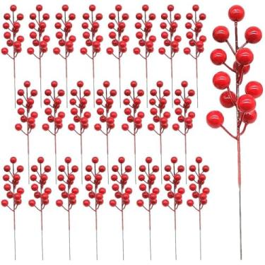 Imagem de JIEFULL 24 hastes artificiais de azevinho, 12 cabeças de palitos de frutas vermelhas falsas para enfeites de árvore de Natal, galhos, enchimentos, faça você mesmo, decoração de festa de Natal