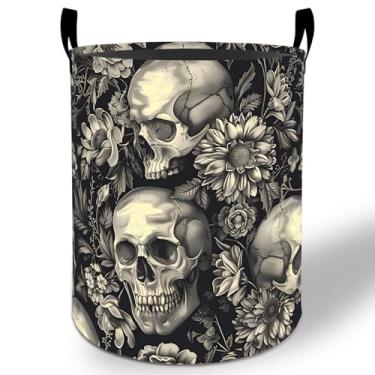 Imagem de Cesto de roupa suja floral com caveira, 50 x 40 cm, balde de armazenamento de roupas Oxford gótico, dobrável, à prova d'água, para quarto, banheiro, quarto, berçário, organizador de brinquedos