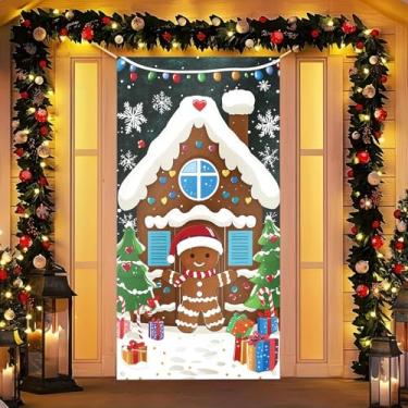 Imagem de BlissYard Faixa de porta de Feliz Natal 89,5 x 188 cm decoração de porta de Natal fofo placa de casa de gengibre fundo para festas de fim de ano decoração interna e externa