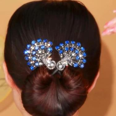 Imagem de Grampo de cabelo feminino de pavão com strass sintético - Fácil de fazer coque | Ferramenta de estilo decorativo rápido para uso diário e penteados elegantes
