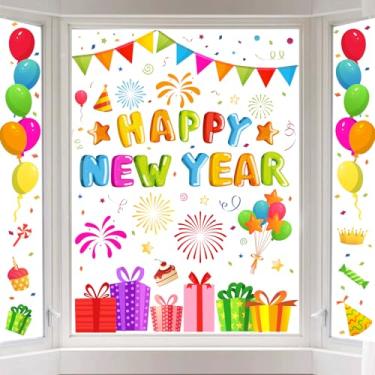 Imagem de Whaline 6 folhas Feliz Ano Novo Janela Adesivos Janela Decalque Colorido Balão de Fogo de Artifício Caixa de Presente Reutilizável Anticolisão Decoração de Janelas para Casa Escola Escritório Artigos