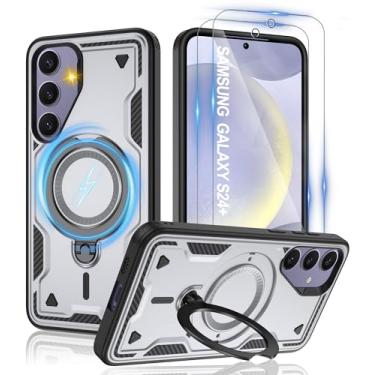 Imagem de Capa para Samsung Galaxy-S24 Plus com Magsafe e [película HD × 2] [antiimpressões digitais], suporte giratório de metal 360°, proteção à prova de choque de grau militar para Galaxy S24 Plus, cinza