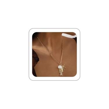 Imagem de BOOZIQ Colar de peixe dourado para mulheres, colares com pingente de peixe, boêmio, praia, berloque, colar, pérola, estrela-do-mar, oceano, praia, sereia, joias presentes, Zinco, Sem Pedra Preciosa