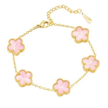 Imagem de Pulseira feminina de trevo banhada a ouro 18K - Pulseira de flores de quatro folhas de aço inoxidável impermeável - Presente de joia delicada ajustável, One Size, Aço inoxidável, Sem Pedra Preciosa