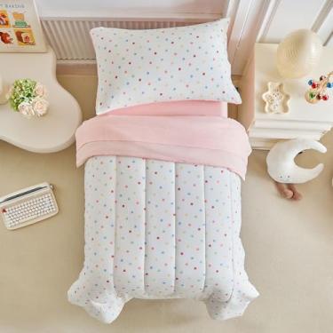Imagem de Joyreap Conjunto de cama infantil de 4 peças - design de bolinhas rosa e branco, conjunto de edredom infantil de microfibra para meninas
