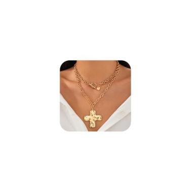 Imagem de YNZGYBY Colar grosso com pingente de cruz em camadas de ouro 14K, vintage, grosso, cruz, martelado, fecho, gargantilha para mulheres, joias modernas com fivela OT, Large, Zinco, Sem Pedra Preciosa