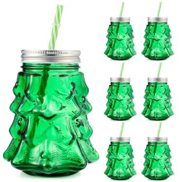 Imagem de Potchen 6 peças de copos de árvore de Natal, reutilizáveis, utensílios de bebida, armazenamento de biscoitos, caneca de vidro de 540 ml com tampas e canudo para presente de festa de Natal