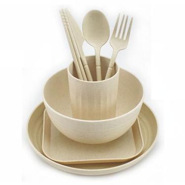 Imagem de Conjunto de 8 peças de palha de trigo, utensílios de cozinha, utensílios de mesa, pratos de jantar, tigela, xícara, prato, faca, garfo, pauzinhos, talheres (bege)