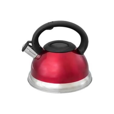 Imagem de Chaleira Inox 3L com Apito – Fundo Duplo para Indução, Vermelha, Aço Escovado