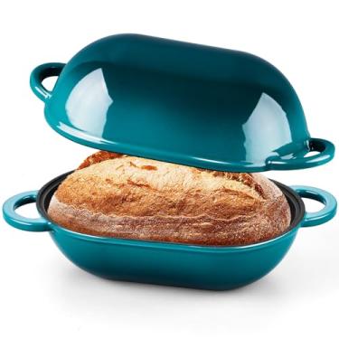 Imagem de Onader Forno holandês de ferro fundido esmaltado, panela oval holandesa com tampa para assar pão de fermento, forma de bolo de carne de 2,8 litros, resistente - ciano escuro