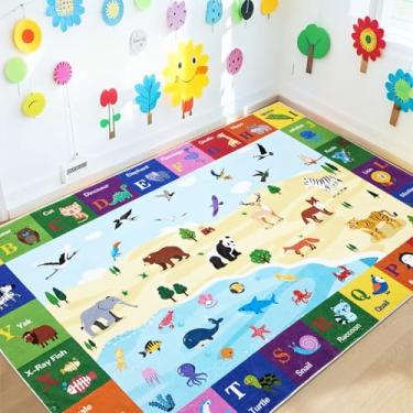 Imagem de Lacomfy Tapete infantil 1,2 x 1,8 m ABC Tapete de quarto de animais para quarto de meninos e meninas, tapete de sala de aula de animais do oceano e da floresta, tapete para berçário, aprendizagem de