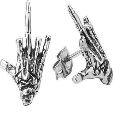 Imagem de Brincos vintage de osso de esqueleto de mão masculinos e femininos de aço inoxidável com parafuso nas costas punk rock gótico joias de Halloween, Adjustable, Liga de aço, Sem pedra preciosa