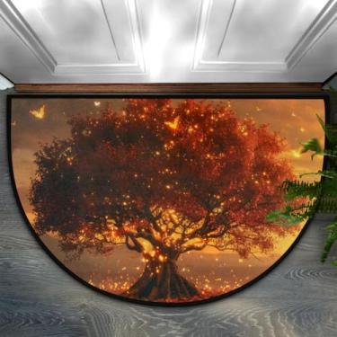 Imagem de Tapete de porta meio redondo, árvore, outono, retrô, laranja, antiderrapante, absorvente, semicírculo, tapetes laváveis, para ambientes internos e externos, pátio, cozinha, banheiro, entrada, lareira