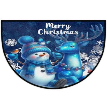 Imagem de Tapete de porta meio redondo, azul, boneco de neve, alce, antiderrapante, absorvente, semicírculo, tapetes laváveis, meia lua, tapetes para interior, pátio, cozinha, banheiro, entrada, lareira