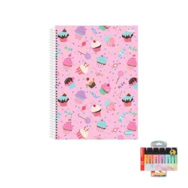 Imagem de Kit Caderno Feminino Capa Dura 200 Folhas + Caneta Point 88 Fineliner 10 Cores + Marca Texto Boss 6 Cores