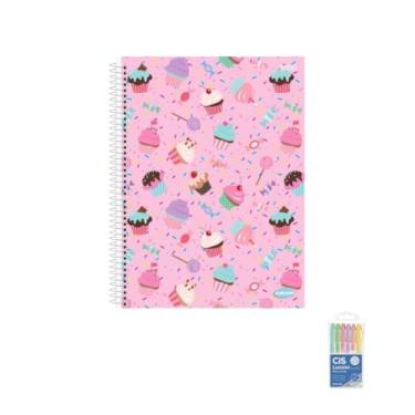 Imagem de Kit Caderno Feminino KBOM 10 Matérias 200 Folhas + Marca Texto Lumini Pastel Estojo 6 Cores