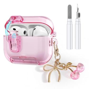 Imagem de Capa compatível com AirPods Pro 3 com trava de segurança, capa protetora de TPU transparente para Airpods Pro 3ª geração com kit de limpeza e mosquetão para mulheres e meninas