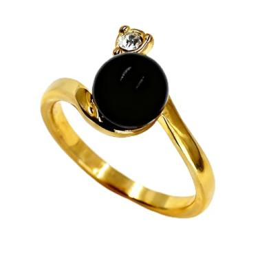 Imagem de Anel de imitação de pérola preta para mulheres, anel de latão banhado a ouro com detalhe de zircônia cúbica, anel elegante para ela YC6514, Latão Zircônia cúbica, Sem pedra preciosa