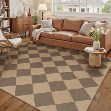 Imagem de PureCozy Tapete quadriculado de juta fácil 12 x 17 cm para sala de estar, tapete de damas lavável, interior e exterior, casa de fazenda, pátio, escritório, tapete geométrico, antiderrapante, marrom
