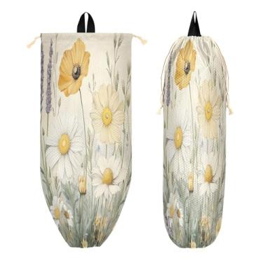 Imagem de xigua Suporte de parede vintage de flores silvestres de plástico com cordão 1 pacote, organizador de sacolas de supermercado reutilizável para bolsas, meias, roupas íntimas e gravatas