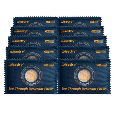 Imagem de wisedry 100 g [10 pacotes] Pacotes dessecantes transparentes para armazenamento, pacotes dessecantes de gel de sílica com indicação de cor reutilizável, absorventes de umidade para segurança de armas