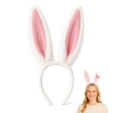 Imagem de Tiara de orelhas de coelho – orelhas de coelho brancas com forro rosa e fio flexível interno para estilos modeláveis – orelhas de coelho peludo para vestido de Halloween, cosplay, Páscoa, festas à