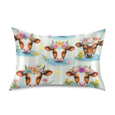 Imagem de Fronhas de cetim engraçadas e fofas coroas de flores de vaca padrão Queen King fronha personalizada para cama macia e refrescante tamanho padrão 66 cm x 50 cm