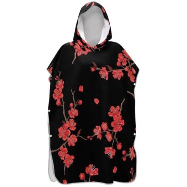 Imagem de Joisal Roupão para adultos, poncho de surfe, com capuz, toalha de natação plus size, homens e mulheres, poncho com capuz, flor de cerejeira, preto