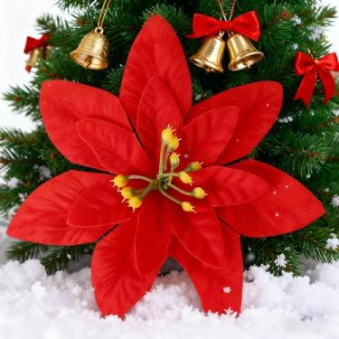 Imagem de 5 peças de flores artificiais de Natal com glitter faça você mesmo, enfeites para pendurar em árvore de Natal, pano de seda, simulação de flor, decoração de Natal (vermelho)