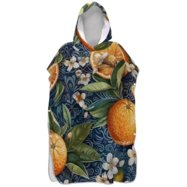 Imagem de Joisal Poncho de surfe para adultos trocador de roupas de banho de praia com capuz ponchos femininos absorventes com capuz laranjas vintage flores azuis
