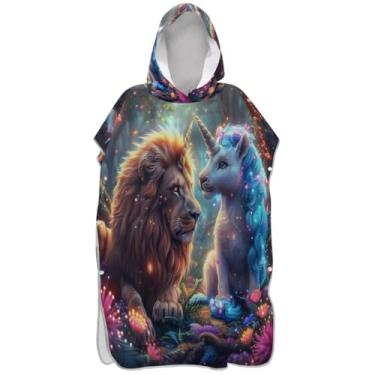 Imagem de Joisal Poncho de surfe plus size trocador de roupão adulto toalha de natação com capuz leão e unicórnio ponchos femininos com capuz