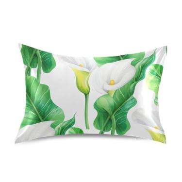 Imagem de Fronhas brancas de cetim com folhas verdes lírios para resfriamento de cabelo padrão King Queen fronha personalizada para cama queen size 76,2 cm x 50,8 cm