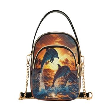Imagem de Bolsa tiracolo Sunset Dolphins pulando na água para mulheres bolsa tiracolo com zíper triplo pequena, bolsa tiracolo pequena, Golfinhos do sol pulando na água, 15*21*8cm
