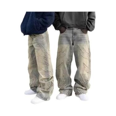 Imagem de Calças Jeans Masculinas Retro De Perna Larga Estilo Streetwear Com Grá
