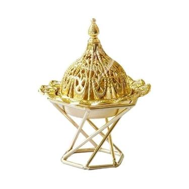 Imagem de porta-vara de incenso Queimador de incenso dourado, queimador portátil metal com suporte, decoração do Ramadã, mini luxo para escritório e casa