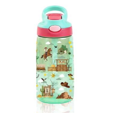 Imagem de CGMIBAS Garrafa de água infantil de 400 ml com tampa de canudo – Garrafas de água caubói para crianças, à prova de vazamento, leves, garrafas de plástico duráveis para viagens escolares, capa de