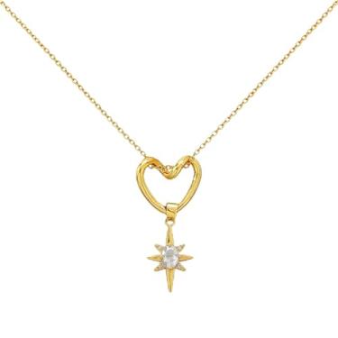 Imagem de TACBSP Colar de coração dourado feminino com pingente de coração vazado, zircão cúbico, estrela do norte, coração, casamento, dia dos namorados, joias presentes, Large, Aço inoxidável, Sem Pedra