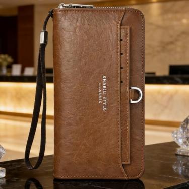 Imagem de Carteira masculina, carteira longa de couro com zíper único e bolso para telefone, design seguro e organizador de grande capacidade para transporte seguro (Camel)