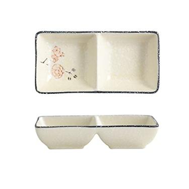 Imagem de Tigelas de imersão prato de molho de cerâmica 14 cm Rectangualr molho de soja tigelas de molho de sushi ketchup pratos de aperitivo pratos de tempero (2 compartimentos) pratos de aperitivo (tamanho