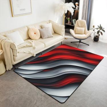 Imagem de Manfei Tapete de área vermelho e cinza com listras onduladas abstratas, tapetes de entrada para decoração de quarto de crianças, meninos, meninas, tema geométrico, tapetes absorventes antiderrapantes