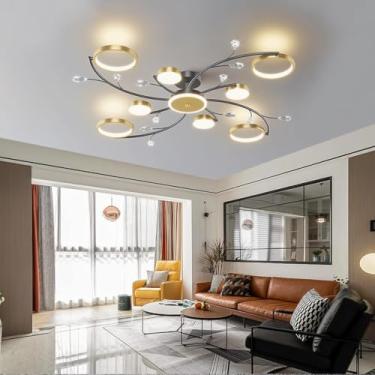 Imagem de Luminária de teto regulável para decoração de interiores, luminária de cristal LED com controle remoto, lustre para restaurante, luminária de teto retrô com anel dourado chique, adequada par