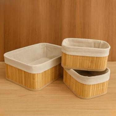 Imagem de Kit 3 Cestos Organizador Moderno Bambu Fibra Algodão Decoração Armazenamento Elegante