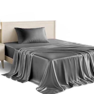 Imagem de Conjunto de lençóis de cetim solteiro Lux Decor de 3 peças – Tecido luxuoso sedoso macio 100% poliéster, lençol com elástico alto – Roupa de cama macia e respirável com fronha (cinza escuro)