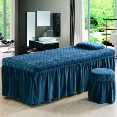 Imagem de Conjunto de lençóis de mesa de massagem, 3 peças, microfibra, veludo, beleza, beleza, fisioterapia, salão de beleza, saia e roupa de cama, roupa de cama com elástico, decoração de cama de spa, azul