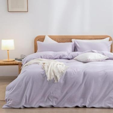 Imagem de BESTOUCH Conjunto de capa de edredom 100% algodão lavado e linho, super macio, confortável, chique, leve, 3 peças, conjunto de cama para casa sólido taro, roxo, Alaska King