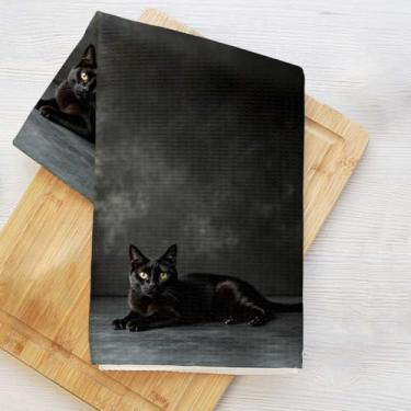 Imagem de Toalhas de cozinha artísticas com padrão de imagem espelhada de gato preto, toalha de prato decorativa de microfibra absorvente, toalhas de mão de waffle para cozinha, casa, banheiro, presentes para