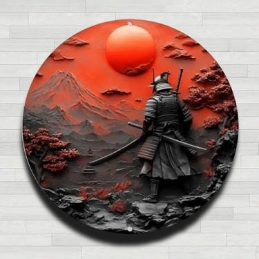 Imagem de Samurai Vermelho Pôr do Sol Vintage Alumínio Rústico Metal Placa de Parede Redonda, 20 cm Presentes e Decoração para Casa, Escritório, Café e Quintal