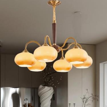 Imagem de Lustre redondo de LED com vidro e três cores, dimerizável (3000k, 4500k, 6000k), em metal, madeira e vidro. Ideal para cozinhas, salas de estar e salas de jantar [Classe Energética B] (8 lâm