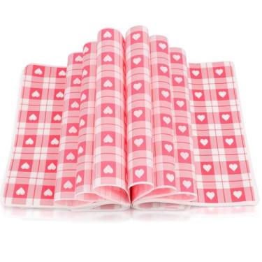Imagem de Honeydak 150 folhas de papel encerado para alimentos, papel de embrulho de coração, resistente a gordura, tecido de embrulho de alimentos à prova de gordura para cesta de assar (coração xadrez rosa)